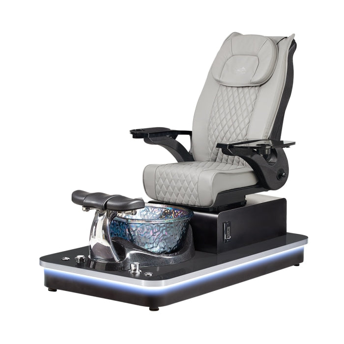 Felicity Freeform Pedicure Chair. Pu Gray Seat, Black Armrest, Black Base & Silver Metallic Glass Bowl 