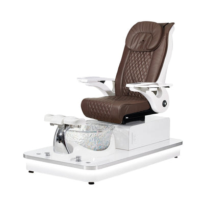 Felicity Freeform Pedicure Chair. Pu Chocolate Seat, White Armrest, White Base & Clear Metallic Glass Bowl