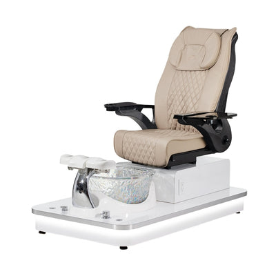 Felicity Freeform Pedicure Chair. Pu Khaki Seat, Black Armrest, White Base & Cristal Glass Bowl 