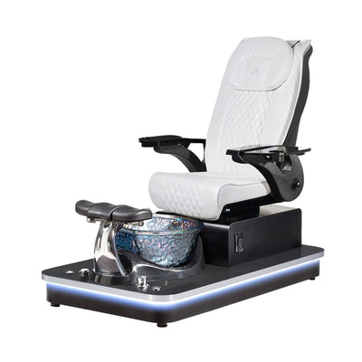 Felicity Freeform Pedicure Chair. Pu White Seat, Black Armrest, Black Base & Silver Metallic Glass Bowl 